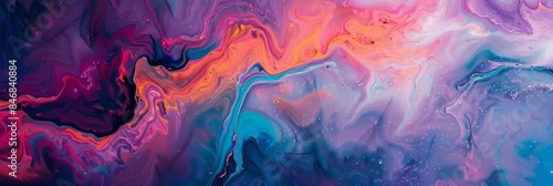 Abstract fluid art with vivid swirls of pink, blue, yellow, and orange, creating a dynamic, vibrant composition.