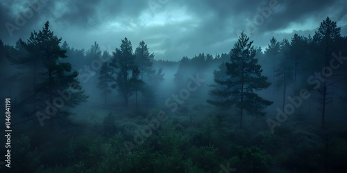 Nighttime forest with dim lighting stormy clouds dampness and chilling atmosphere. Concept Dark Forest, Stormy Atmosphere, Eerie Night, Chilling Vibe, Damp Surroundings