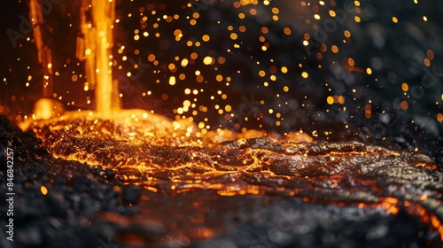 High-detail close-up of molten metal being cast, showing the liquid metal's flow and the surrounding intense heat in a foundry