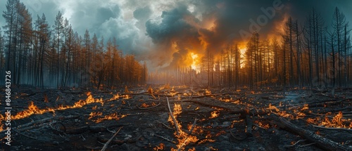 Panoramic view of a wildfire engulfing a forest. Trees burning, dark smoke, and a fiery horizon under a dramatic sky.