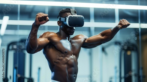 A man wearing a VR headset works out in a gym. He is flexing his muscles and looking intense.