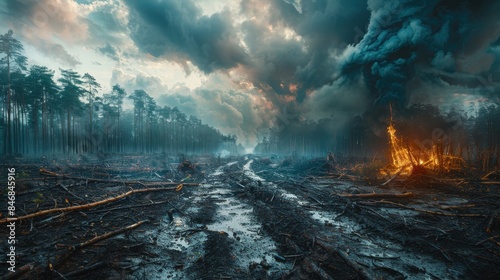 Dramatic landscape of a forest fire with smoke clouds and a muddy path, illustrating the intensity and chaos of natural disasters.