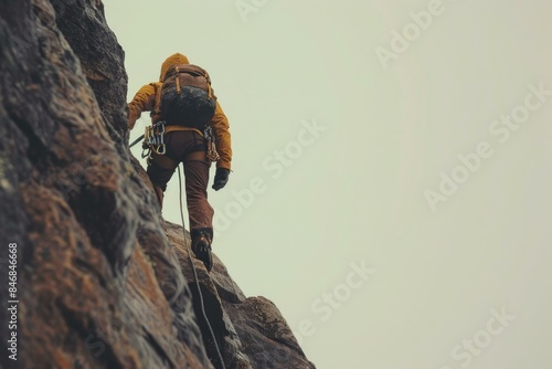 Committed climber with gear scales a challenging rock face, highlighting adventure and determination