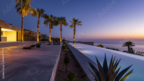 villa avec piscine au bord de mer avec palmiers et cactus à l'heure bleue