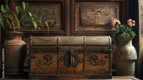 Beautifully crafted antique wooden chest or ornate metal coffer showcasing a collection of rare herbs,ancient texts,and sacred artifacts in an elegant and timeless interior design setting.