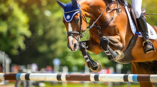 Modern pentathlon rider skillfully navigating equestrian obstacles, olympic sport concept