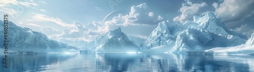 A vast, icy landscape with towering peaks reflecting in a serene lake.