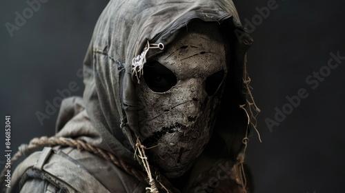 Person wearing a detailed, weathered mask with a dark, ominous appearance