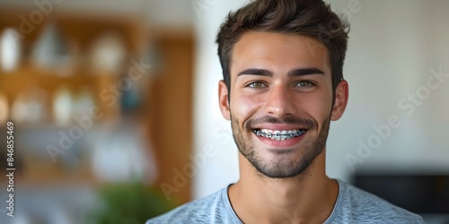 Enhancing a Man's Smile with Braces A Portrait Showing Straightened Teeth. Concept Dental Braces, Smile Transformation, Portrait Photography, Straightened Teeth, Men's Fashion