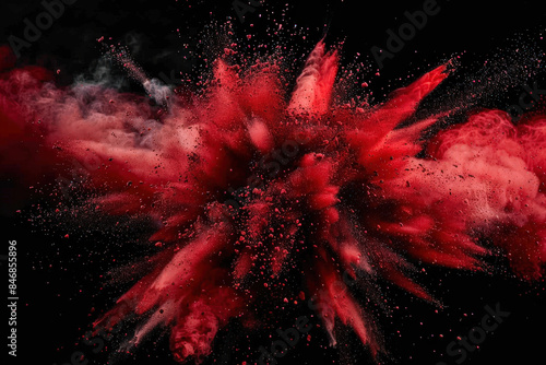 Dynamic explosion of red powder against a black background, creating a striking and energetic visual effect with vibrant red particles spreading outward in a dramatic burst..