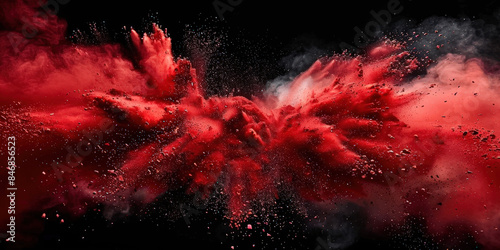 Dynamic explosion of red powder against a black background, creating a striking and energetic visual effect with vibrant red particles spreading outward in a dramatic burst..