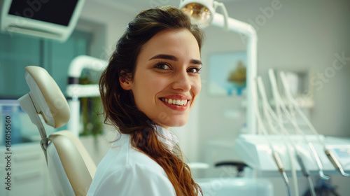 A young smiling woman in a white dental hygienist uniform standing in professional dental clinic