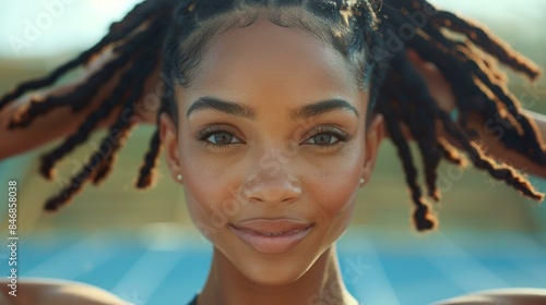 A close up of a woman with braids and makeup on her face. She is smiling and looking at the camera.