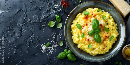 Milanese risotto creamy rice with saffron butter and Parmesan cheese from Milan. Concept Milanese cuisine, Risotto recipe, Saffron butter, Parmesan cheese, Traditional Italian dish