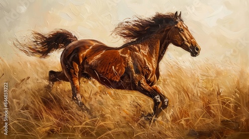 Spirited gallop of a brown horse through a meadow, mane flowing and muscles rippling, portrait captures the power and grace of the animal