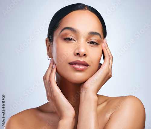 Woman, portrait and clear skincare in studio, healthy and hands for beauty on white background. Female person, cosmetics and touch soft or smooth skin, facial treatment and foundation for dermatology