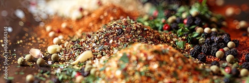 Close-up of a variety of grilling spices, including black pepper, garlic powder, paprika, and dried herbs, spread out on a kitchen countertop. Generative AI