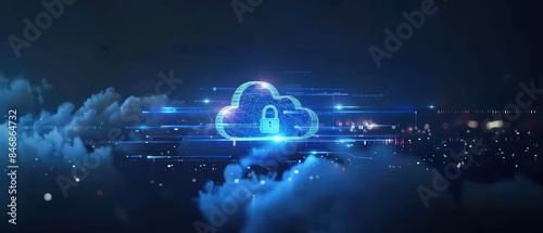 Futuristic cloud security with padlock and light technology