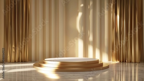Golden award scene pedestal, elegant gold podium, luxury 3D platform stand