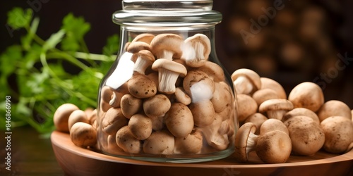 Mushroom powder capsules in a glass jar in a medical laboratory. Concept Mushroom Supplements, Health Benefits, Laboratory Testing, Natural Remedies, Nutrition Research