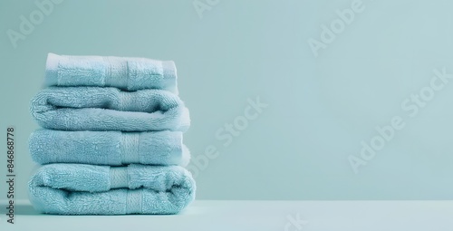 A pile of light blue towels on a table against a pastel background with copy space, a banner design.