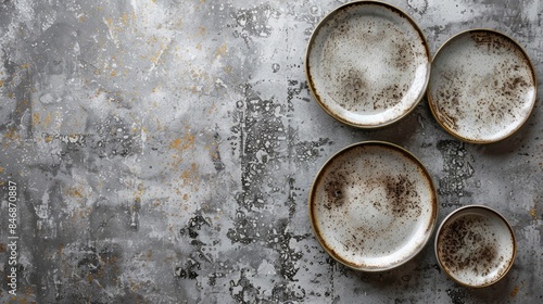 Antique porcelain plates on concrete with space for text perfect for food photography