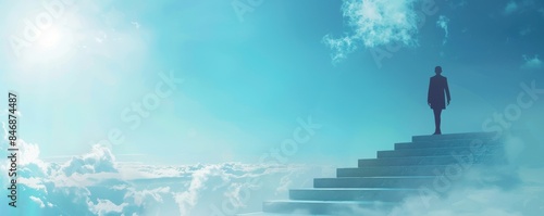 person walking up an invisible staircase in the sky, minimal style