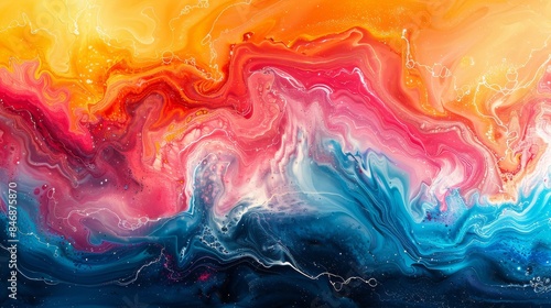 Swirling patterns of orange and pink dominate this abstract fluid painting evoking a dream-like quality