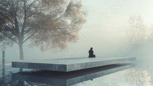 person sitting on a floating bench in a minimalist, surreal park