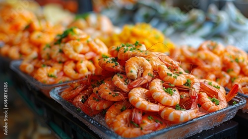 An appetizing market display showcasing seasoned shrimps, capturing the culinary allure and freshness