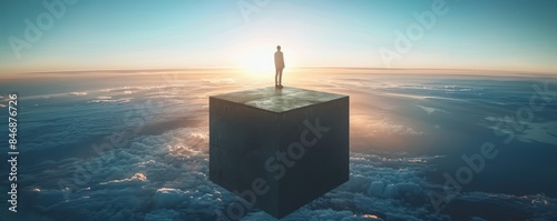 person standing on a floating cube in the sky, looking down at the earth, surreal minimalist