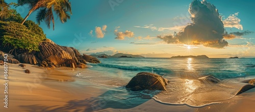 Tropical island beach at sunrise capturing a picturesque paradise landscape