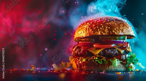 A burger with a lot of toppings is on a table with a red and blue background
