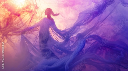 Ethereal and ghostly fairy figure surrounded by swirling blue and purple smoke,with glowing light sculptures and a minimalist,atmospheric background.