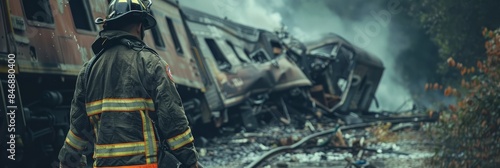 Firefighter in uniform and protective gear working at the site of a train derailment accident in a remote rural area,surrounded by wreckage,debris,and smoke from the catastrophic incident.