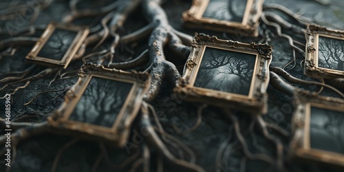 Picture frames on tree branches symbolizing genealogy ancestry and family research. Concept Family Tree, Ancestral Heritage, Genealogy Research, Symbolic Art, Tree Branch Frames