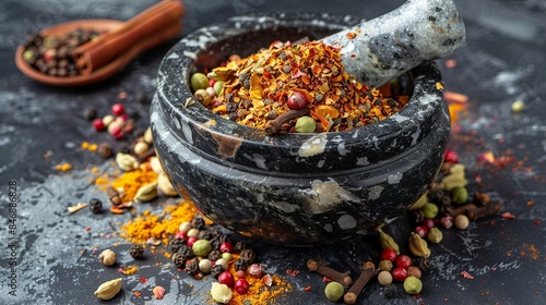 Close-up of a marble mortar and pestle filled with a colorful blend of spices, including cinnamon, cloves, cardamom, and coriander. Generative AI