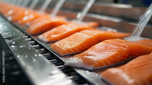 Modern factory production line Fresh salmon fillet on conveyor belt