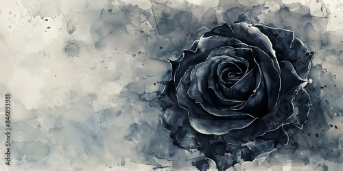 Black rose watercolor background with space for funeral invitation or condolence card. Concept Funeral Invitation Design, Condolence Card Layout, Black Rose Watercolor Background