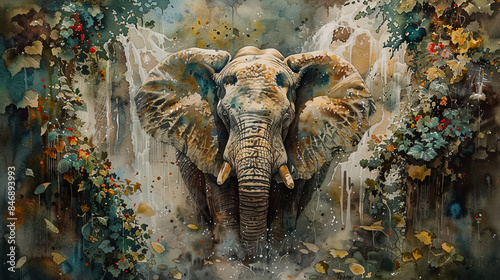 A painting of an elephant with a waterfall in the background
