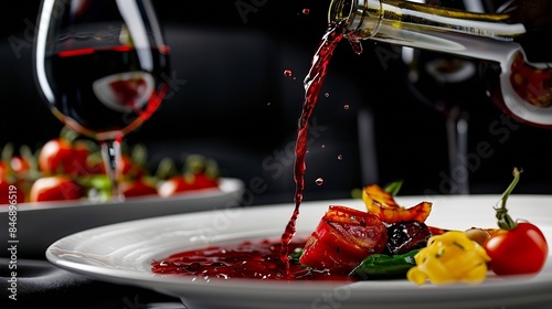 Red wine poured into a glass from a bottle in a thin stream on the background of a plate with vegetables closeup : Generative AI