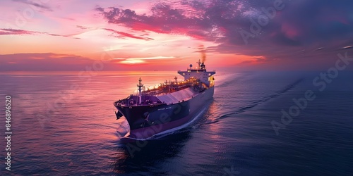 Sunset view of a large LNG tanker ship sailing on calm ocean, powering the fuel industry. Concept Sunset Views, LNG Tanker Ship, Calm Ocean, Fuel Industry, Maritime Commerce
