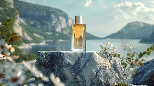 A bottle of perfume placed on a green marble podium, overlooking a cliff mountain and jungle, with a sky background. Generative AI.