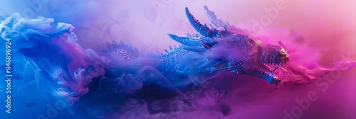 Majestic dragon figure rises from swirling blue and purple smoke,its powerful silhouette standing out against a minimalist,ethereal background in a surreal and visually striking digital artwork.