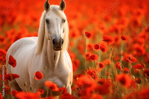 Majestic white horse in a breathtaking poppy field bathed in the morning sunlight