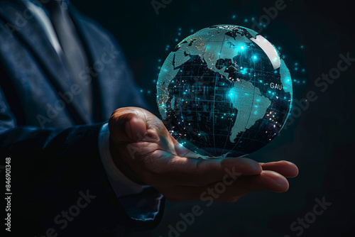 Businessman's hand holding a globe, signifying global business opportunities, international trade, and the interconnectedness of markets in the modern world