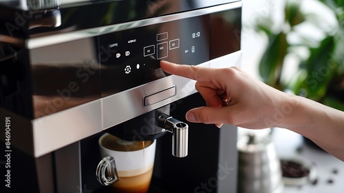 Person using a finger to select options on an advanced coffee maker touchscreen display : Generative AI