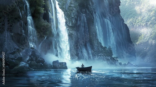 A man rowing a boat towards a majestic waterfall cascading down a rocky cliffside, the mist enveloping the scene in an air of mystery. Isolated on a clean background