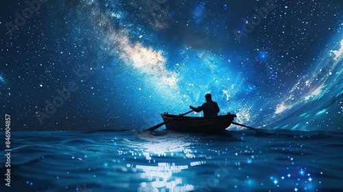 A silhouette of a man rowing a boat against a backdrop of a vibrant starry night sky, the Milky Way swirling above. Isolated on a clean background 