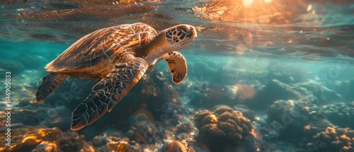 The serene presence of a turtle swimming through the ocean, surrounded by flowing lines of enchanting light.